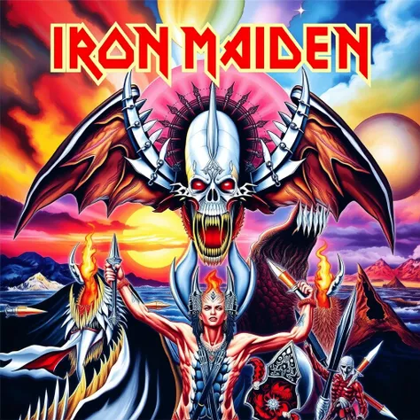 iron maiden album cover. bold, psychedelic visuals that blend surreal and fantastical elements with vibrant color palettes. Each cover captures attention with dynamic compositions, often featuring intricate details and powerful imagery, whether it’s a myth...