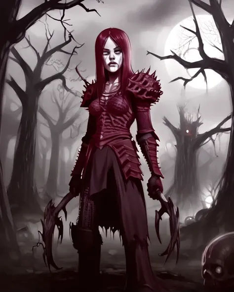 <lora:D3_Necromancer_FORPONY:1> Necromancer,  Tragoul, red armor, holding weapon, gloomy day, dead trees, dark atmosphere, horror theme