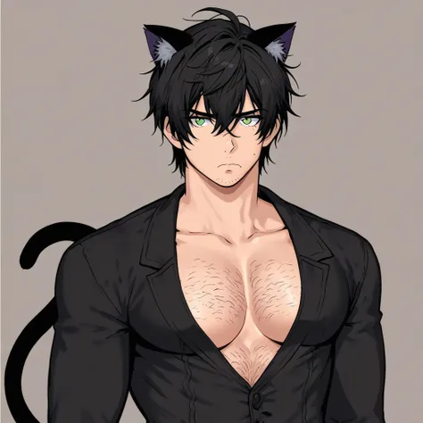 man, apparently 23 years old, medium black hair, black cat ears, black cat tail, wears comfortable clothes, suspicious look, green eyes, fair skin, defined body, wide chest, body hair, stubble