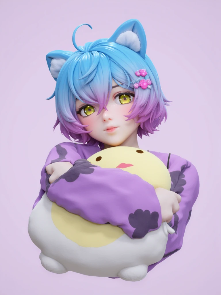 3D Linechu, blue and purple hair, hugging a pillow