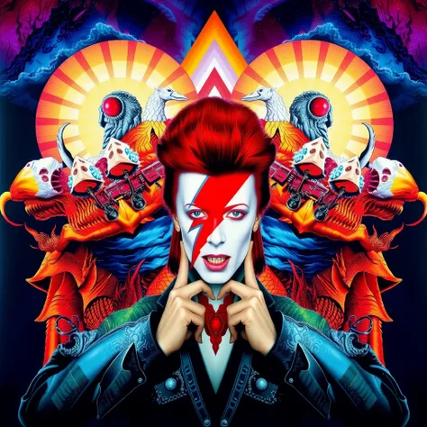 david bowie album cover. symmetrical bold, psychedelic visuals that blend surreal and fantastical elements with vibrant color palettes. Each cover captures attention with dynamic compositions, often featuring intricate details and powerful imagery, whether...