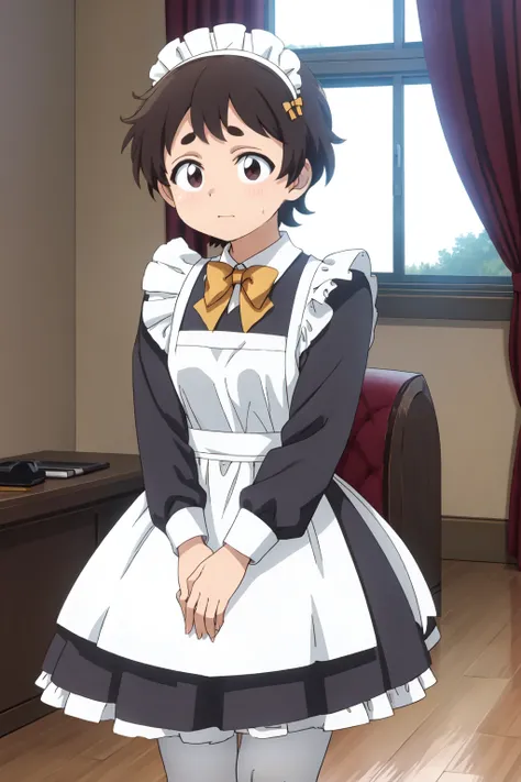 Nokoko Inaka, (8k, HD), 1 girl, alone, short hair, brown hair, long stockings, long sleeves, dress, brown eyes, ruffles, interior, sweat drop, apron, black dress, white long stockings, maid, maid headdress, chair, thick eyebrows, curtains, white apron, mai...