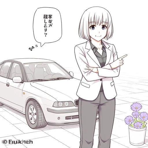 mole under eye, greyscale, watermark, comic, car, own hands together, short hair, smile, blazer, pointing, crossed arms, on back, black eyes, hand on own cheek, black footwear, purple flower, potted plant, cloud, tiles, bow