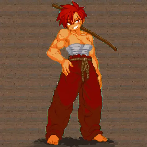 Score_9, score_8_up, score_7_up, score_6_up, score_5_up, score_4_up, AzumiHojo, Red hair, red eyes, scars on face, bandages around breasts, bandages around waist, red baggy pants, belt rope, barefoot, wooden sword, Muscular female, dark skinned, breasts, p...