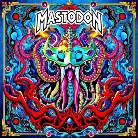 Mastodon album cover is a symmetrical vivid explosion of color and intricate detail, dominated by surreal and psychedelic imagery. A cute jellyfish with tentacles and exaggerated features emerges from a sea of swirling, organic shapes. The bold use of retr...