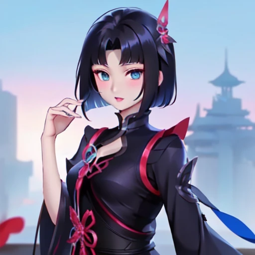 <lora:Zhuxin_mobile_legends_DoRA:0.8> Zhuxin, Zhuxin_clothes, black hair, short hair, hair ornament, blue eyes