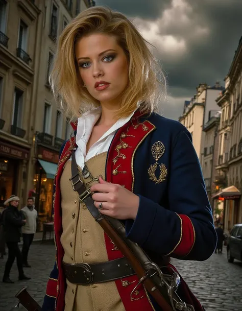 Jenna Jameson wearing a musketeer uniform in a richly detailed 17th-century Paris street scene under a dark ominous sky, <lora:jennajameson_flux:1>