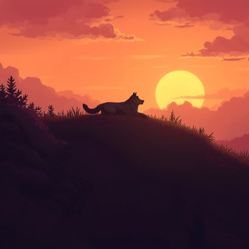 solo, anthro, wolf, Emio the smiling man art style, lying on a hillside, sunset