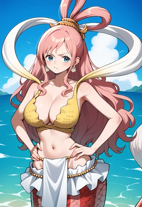 score_9, score_8_up, score_7_up, score_6_up, score_5_up, score_4_up, source_anime, aashira, long hair, pink hair, hair rings, hair ornament, jewelry, earrings, blue eyes, large breasts, mermaid, cleavage, shawl, bikini top only, yellow bikini, beads, white...