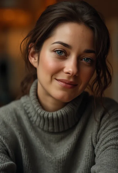Marion Cotillard is captured in a professional close-up portrait indoors, wearing a cozy grey turtleneck sweater. The lighting is warm and softly diffused, highlighting her features and creating a gentle glow on her face. The background is a neutral, blurr...