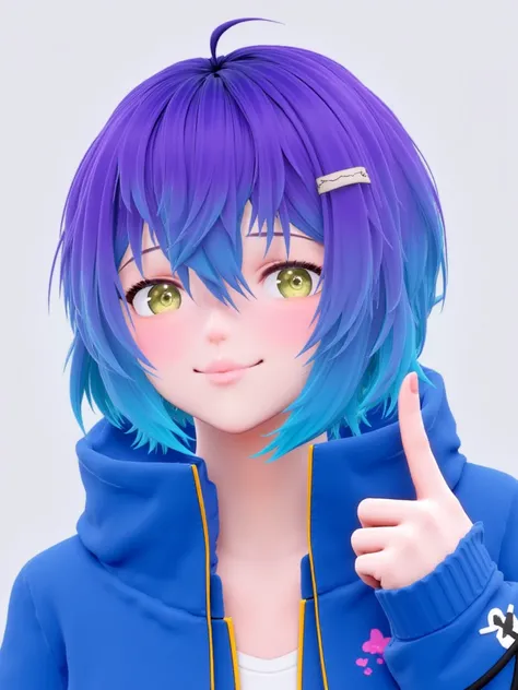 3D Linechu, blue and purple hair, blue jacket