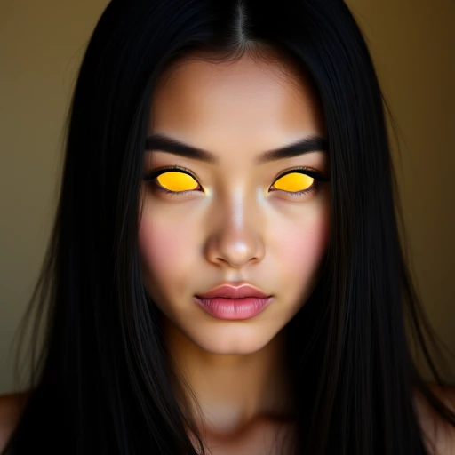 Photographic portrait of a beautiful asian woman with solid yellow sclera eyes, long straight black hair