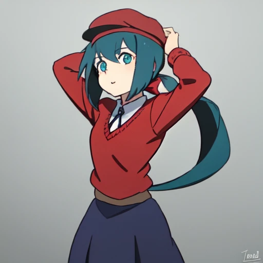 <lora:Constanze_lwa_DoRA:0.7> constanze, red sweater, hat, skirt, ponytail, teal eyes, short hair