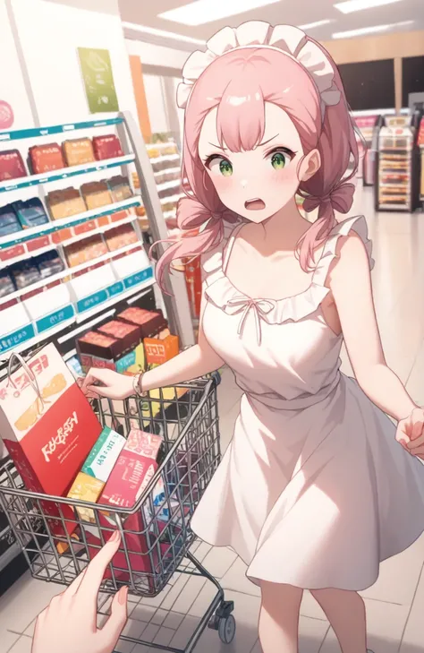 (score_7_up:0.8), best quality, masterpiece,akibamaidchukichanzantomaid, uncensored, 1girl,solo,pastel style
,pink hair,green eyes,low twintails,casual,skirt,sundress,shopping,indoors,shopping cart,0.2 ::  surprised ,0.2 :: full body  ,0.15  :: from below,...