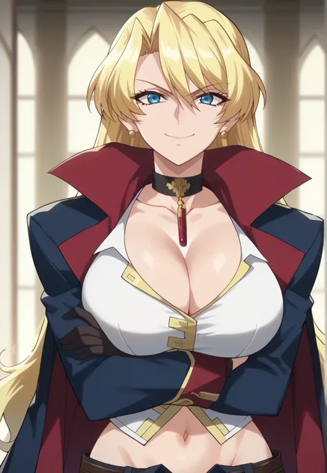 (looking at viewer, smile, arrogant, closed mouth,breast hold), <lora:SaraScorpion-10:1> sarasp, long hair, blonde hair, blue eyes, earrings, large breasts, SaraSuit, black choker, cleavage, white shirt,long sleeves,  black gloves, coat, cape, belt, black ...