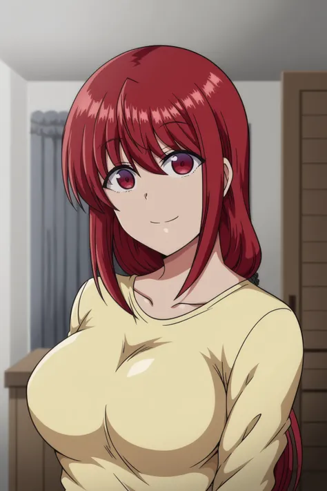 <lora:Natsumi_Obata-Saimin_Seishidou:1>,natsumi,1girl,red hair,red eyes,breasts,long hair,shirt,upper body,smile,looking at viewer,indoors