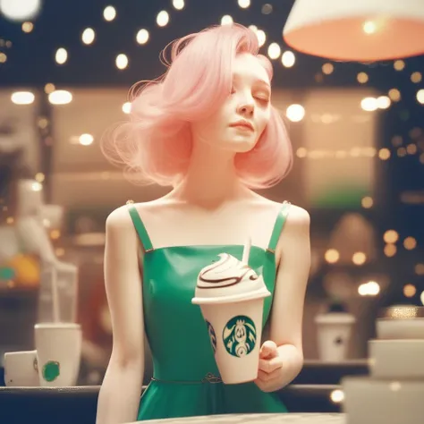 score_9, score_8_up, score_7_up, score_6_up, score_5_up, score_4_up, 1girl, upper body, pink hair, European lady, party dress, indoor, in a coffee store, night,