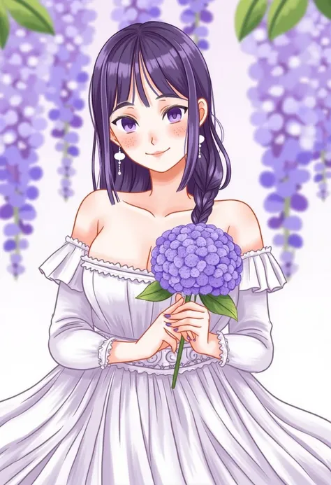 lz ptica illustration style, 1girl, blurry, bouquet, breasts, cleavage, depth of field, dress, earrings, fingernails, flower, holding, hydrangea, jewelry, long hair, looking at viewer, makeup, nail polish, purple eyes, purple flower, purple hair, purple na...