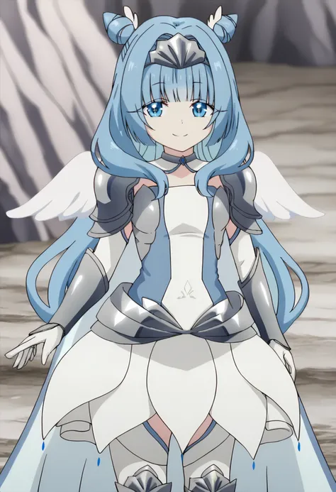 Sylphy, 1girl, blue eyes, blue hair, long hair, wings,double bun, hair bun, solo , white dress, white gloves, shoulder armor, armor, armored boots, thighhighs , looking at viewer, smile, <lora:Sylphy2:0.9>