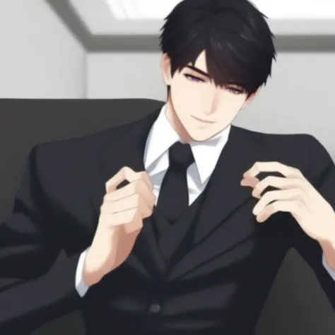 1man, black hair, black purple eyes, men suit, hot man, office, sitting