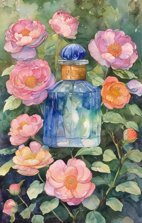 masterpiece,best quality,<lora:tbh424-sdxl:0.6>,illustration,style of Gertrude Jekyll A bottle of perfume in garden