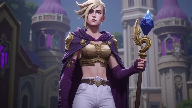 arcane style, animation, female sorceress wearing ornate cropped metal breastplate with purple hooded cloak with pauldrons, blonde hair with some streaks on shoulder, wide white pants with purple boots, golden edgs on whole outfit, she is holding ornate st...