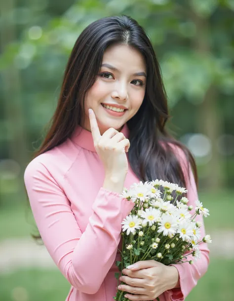 Vietnamese, aodaivnv4, The image is a portrait of a young woman with long dark hair. She is wearing a pink long-sleeved dress and is holding a bunch of white flowers in her hands. The woman is smiling and has her hand resting on her chin, as if she is deep...