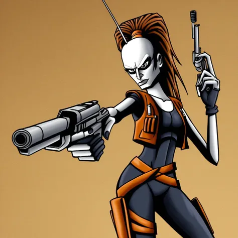 aurra-sing, star wars, 1girl, solo, antennae, weapon, gun, handgun, brown hair, dual wielding, ponytail, vest, holding, gloves, black bodysuit,