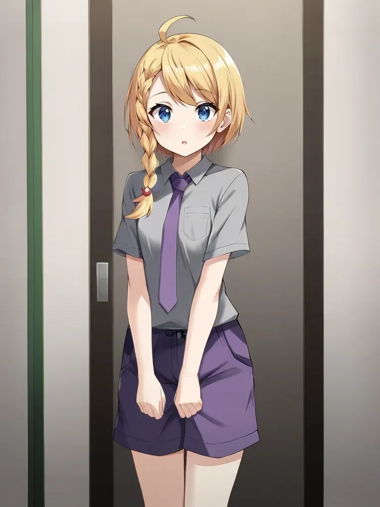 <lora:aojulianaitsukishiro:0.7>
1girl, solo, juliaoina, blonde hair, braid, ahoge, blue eyes, gray shirt, short sleeves, purple necktie, purple shorts, standing, indoors, corridor, parted lips, looking at viewer,