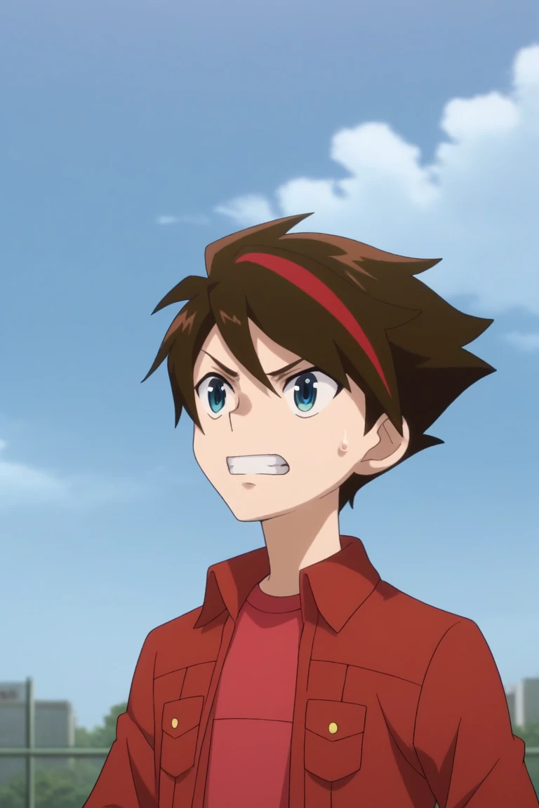 score_9, score_8_up, score_7_up, score_6_up, masterpiece, best quality, amazing quality, best aesthetic, absurdres, intricate details,
dan kouzo, brown hair, blue eyes, red jacket, red shirt, 1boy, male focus, solo, clenched teeth, teeth, cloud, sky, multi...