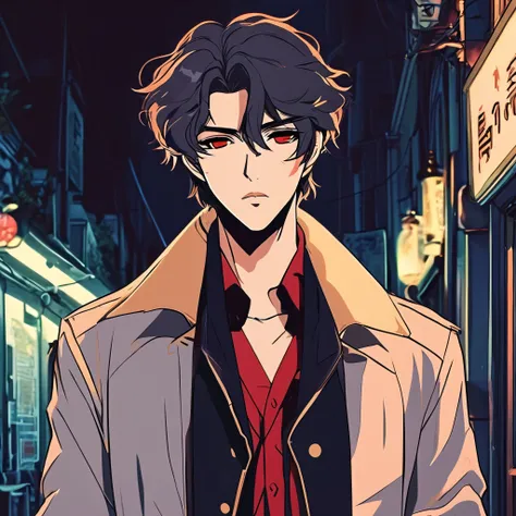 anime illustration of a vampire anime 30 years old bearded man with a round face and a wavy hair lighting a cigarette, kinda chubby, short beard, vintage anime aesthetic, edgy art style, wallpaper, contrasty look, sharp drawing























