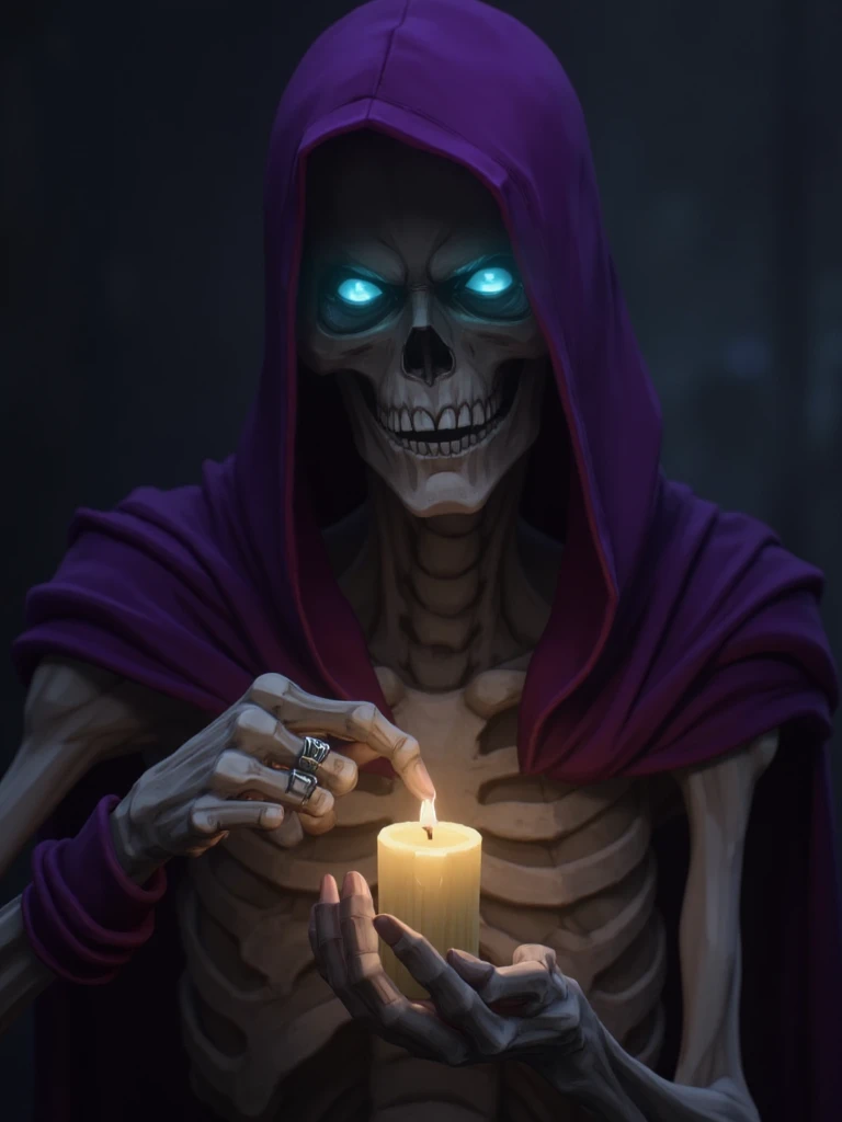 arcane style, animation, dark moody portrayal of a skeletal figure draped in a purple hooded cloak holding a lit candle. The figures face is obscured by the hood revealing a skull-like visage with cyan glowing eyes. The hand of the figure is intricately de...