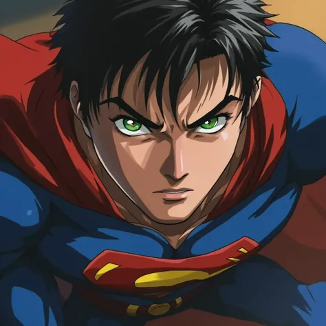 B1bl3_Bl4ck style, close-up of a man wearing superman outfit with green eyes