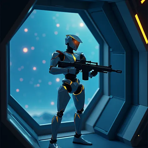 Cinematic movie film still , crystal armor, vatoko, standing, full body, blue background, humanoid robot, grey body, robot, yellow light sharp details, the expanse scifi stars outside a space ship window, (aiming down the sights of a plasma rifle) , intric...