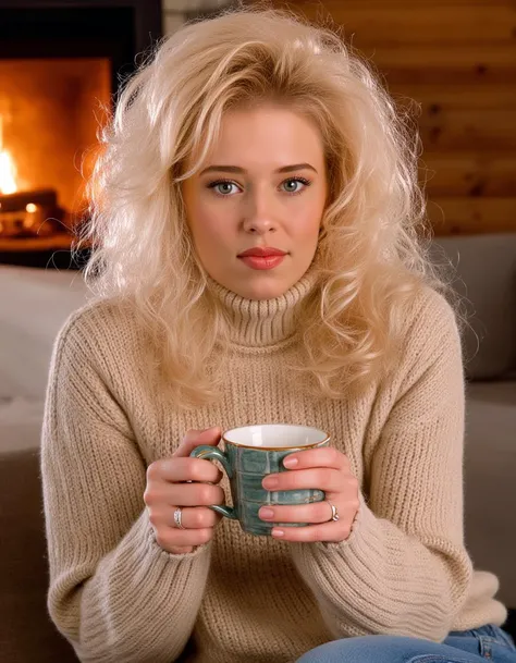 photo of Jennasis with blonde wavy hair wearing a turtleneck sweater, sitting inside a wooden log cabin with a fireplace and holding a cup of coffee