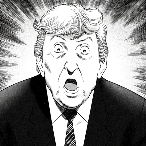 a naoUrasawa style image of a portrait of Donald Trump. He is wearing a suit and a tie. He has shocked expression on his face, with his eyes wide open and his mouth slightly open, while looking directly at the camera. The background is blurred, but it appe...