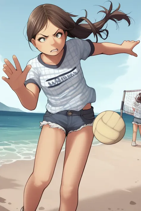 score_9, score_8, score_7, source_anime, rensyuStyle, A teen girl in a blue and white checked shirt and denim shorts, playing volleyball on a beach, with a determined expression, surrounded by sand and waves.