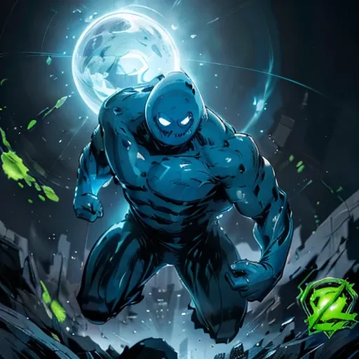 <lora:KRUSH:1> , KRUSH, comic book cover, thin body type, blue glowy body, transparent body,  blue blob, dynamic pose, made of slime, black sclera