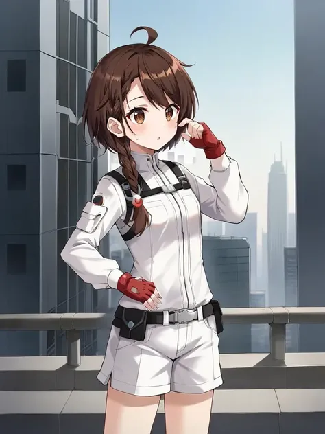 <lora:aojulianaitsukishiro:0.7>
1girl, solo, juliaoina, brown hair, braid, brown eyes, white shirt, long sleeves, white shorts, futuristic outfit, red gloves, fingerless gloves, ahoge, standing, outdoors, city,