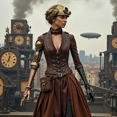 Elisha is depicted as a seasoned steampunk adventurer, her outfit blending rugged practicality with Victorian elegance. She wears a fitted leather corset with brass buckles, and her long skirt, split for movement, shows the wear of countless journeys. Her ...