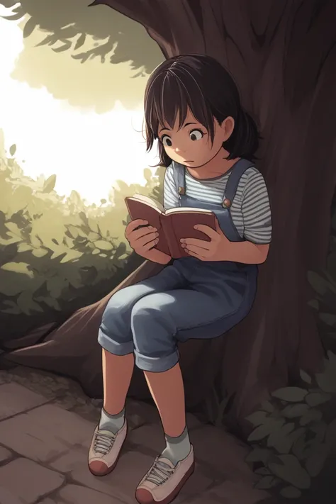 score_9, score_8, score_7, source_anime, rensyuStyle, A young girl in a blue and white striped shirt and denim overalls, reading a book under a tree, with a thoughtful expression, in a peaceful park.