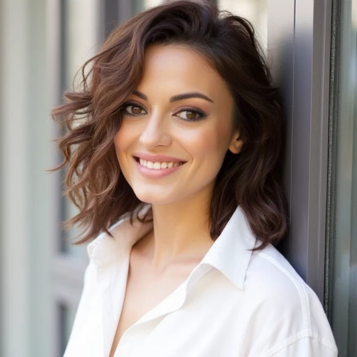 a woman in a white shirt posing for a picture, friendly seductive smile, looking outside