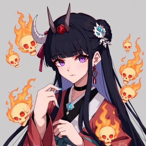 1girl, solo, long hair, looking at viewer, bangs, black hair, hair ornament, very long hair, earrings,necklace, japanese clothes, horns, blunt bangs, kimono, fingernails, sash, obi, flying fire skulls, navy flames, skull