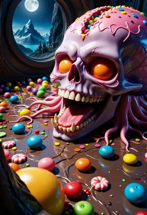 Terrifying eldritch candy-land dreamscape of sweet sugary nightmares and chocolatey horror, vivid colors, twisted trypophobic candy kingdom, full of frightful candy abominations, beautiful, ultra detailed, ultimate details, amazing details, super sharp det...