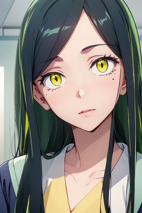 (P_Frill_Shiranui), 1girl, mole under eye, solo, long hair, looking at viewer, dark green hair, green yellow eyes, mole under mouth, slit pupils, Long hair parted in the middle,
(navy jacket, grey dress, white shirt),