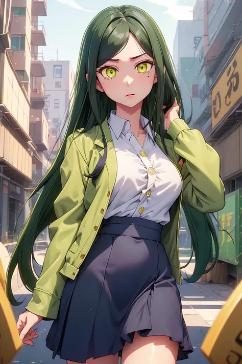 (P_Frill_Shiranui), 1girl, mole under eye, solo, long hair, looking at viewer, dark green hair, green yellow eyes, mole under mouth, slit pupils, Long hair parted in the middle,
(navy jacket, grey dress, white shirt),