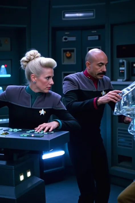 A high-quality photo capturing an action-packed scene in a futuristic laboratory. The scene features a woman with platinum hair in a DS9 uniform with teal collar and grey shoulders and a man with a mustache in a DS9 uniform with red collar and grey shoulde...