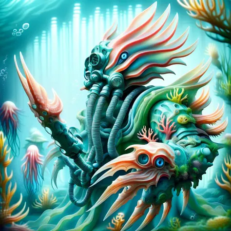 ancient, segmented sea guard, coral, Standing on sea floor, vibrant colorful armor, old scuba regulator, covered in small bumps. Large Bladed lobster pincers, tentacle beard, magical