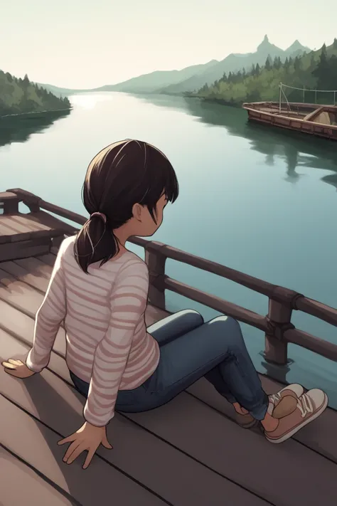 score_9, score_8, score_7, source_anime, rensyuStyle, A teen girl in a pink and white striped sweater and blue jeans, sitting on a pier, with a thoughtful expression, overlooking a calm lake with boats and ducks.