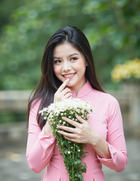 Vietnamese, aodaivnv4, The image is a portrait of a young woman with long dark hair. She is wearing a pink long-sleeved dress and is holding a bunch of white flowers in her hands. The woman is smiling and has her hand resting on her chin, as if she is deep...